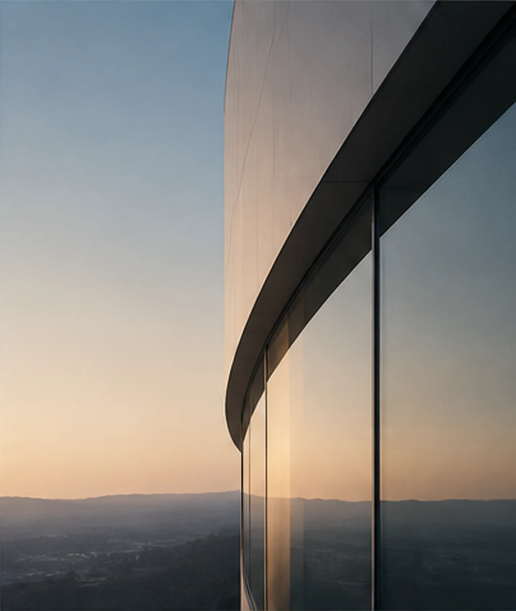 Curved architectural facade and glass reflecting a softly lit evening sky